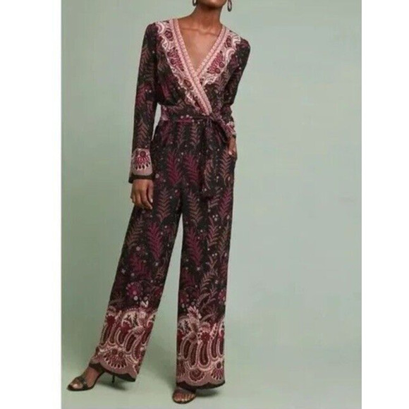 Anthropologie One September Jumpsuit Breezeway Embroidered Boho Small Red Black - Picture 2 of 16